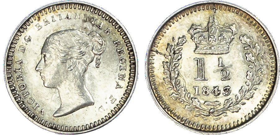 Victoria (1837-1901), Three-Halfpence, 1843 over 34