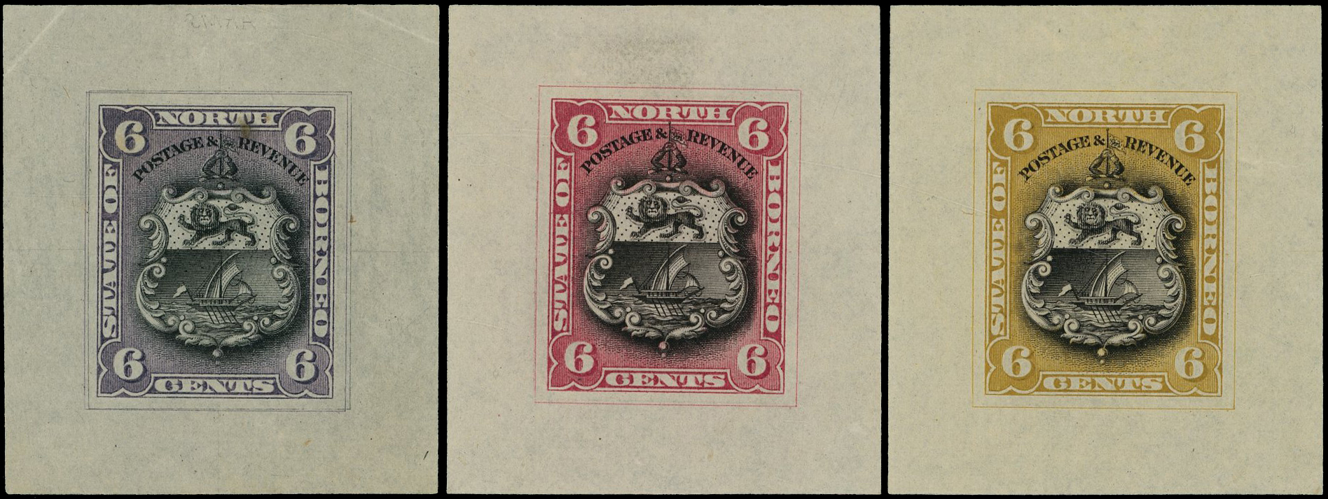 North Borneo 1894 Waterlow Colour Die Proofs of 6c arms Design. 