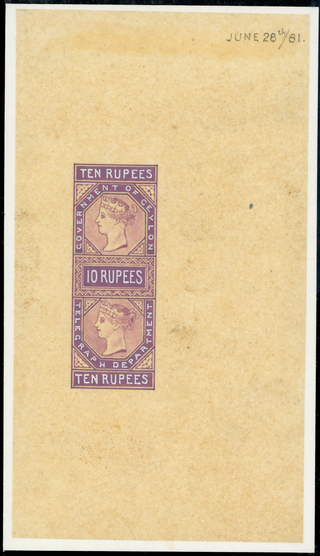 Ceylon Telegraph 1881 De La Rue Hand painted essay 