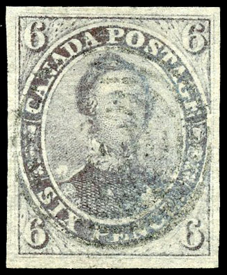 Canada 1851 Laid paper, imperf 6d brown-purple, large even margins, lightly cancelled
