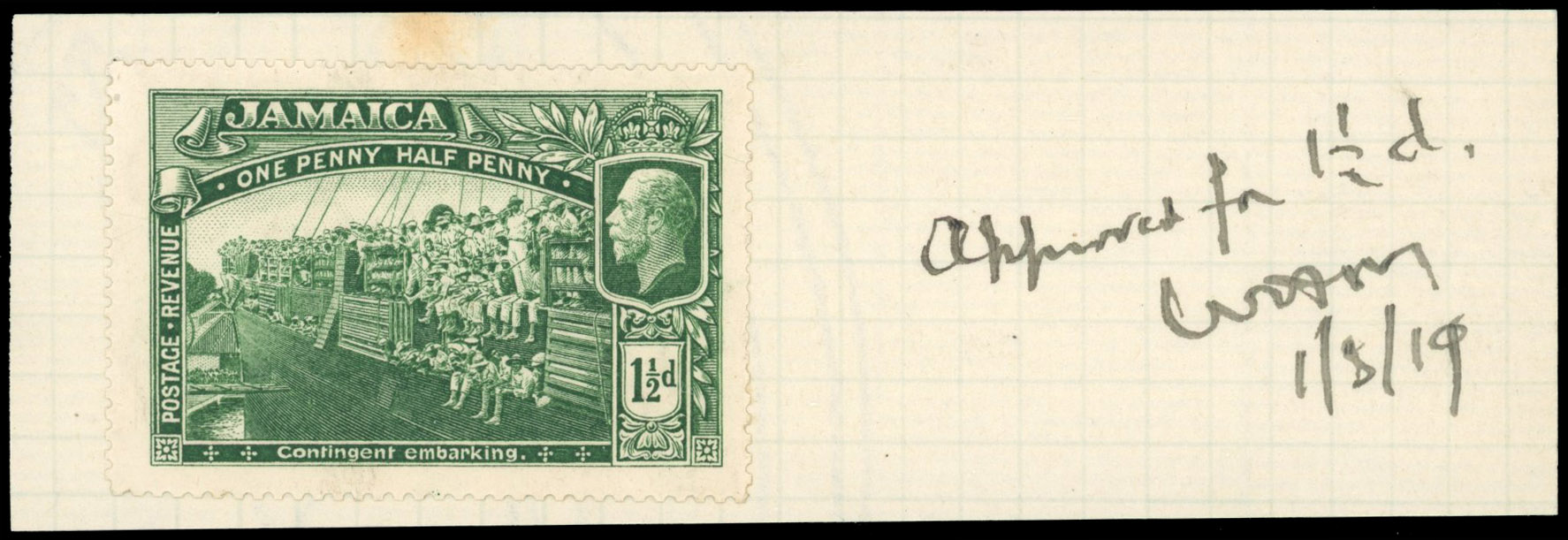 Jamaica 1919-21 1½d colour trial in green, affixed to piece from an Appendix sheet, SG 80var