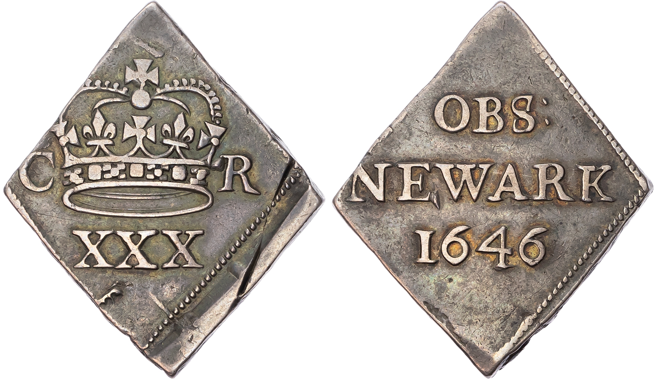 Charles I (1625-1649), AR lozenge shaped Halfcrown 1646, Newark besieged in the name of Charles I. Large crown; C R flan…