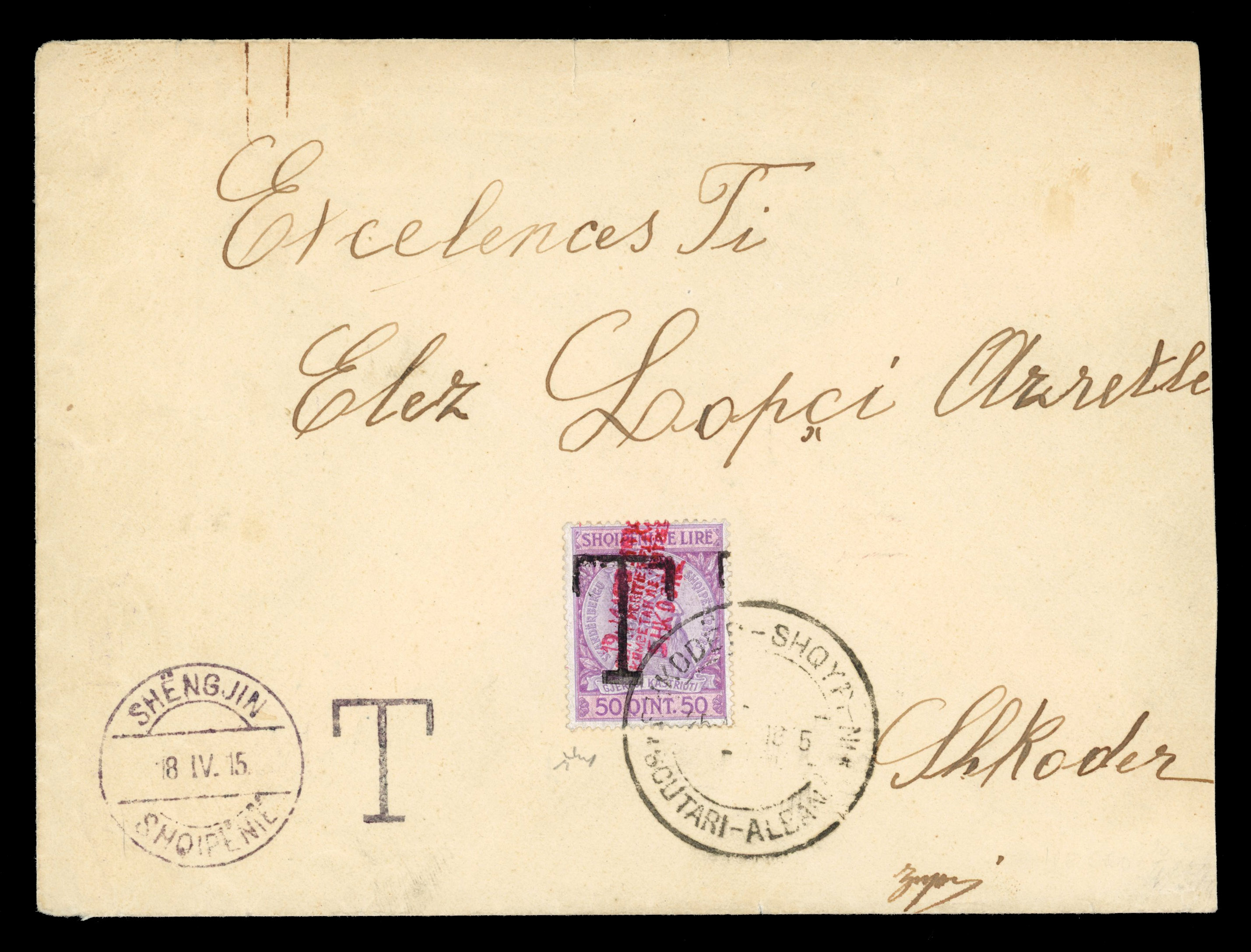 Albania 1915 cover Shengjin to Scutari with postage due