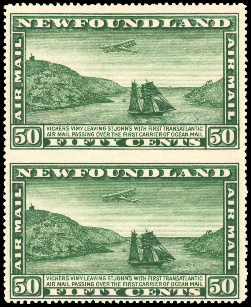 Newfoundland 1931 Air 50c no watermark vertical pair imperforate between