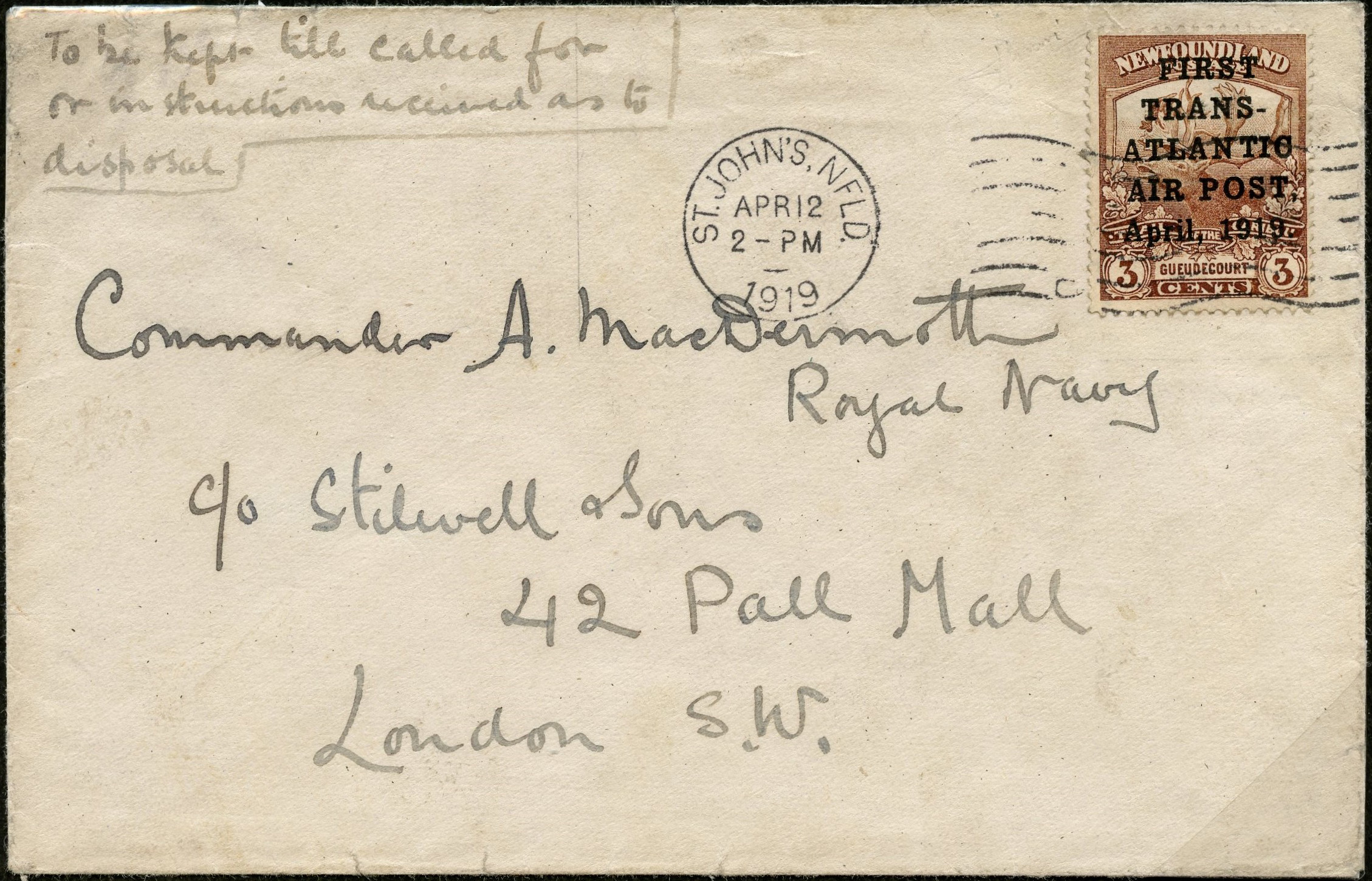 Newfoundland 1919 Hawker cover SG 142