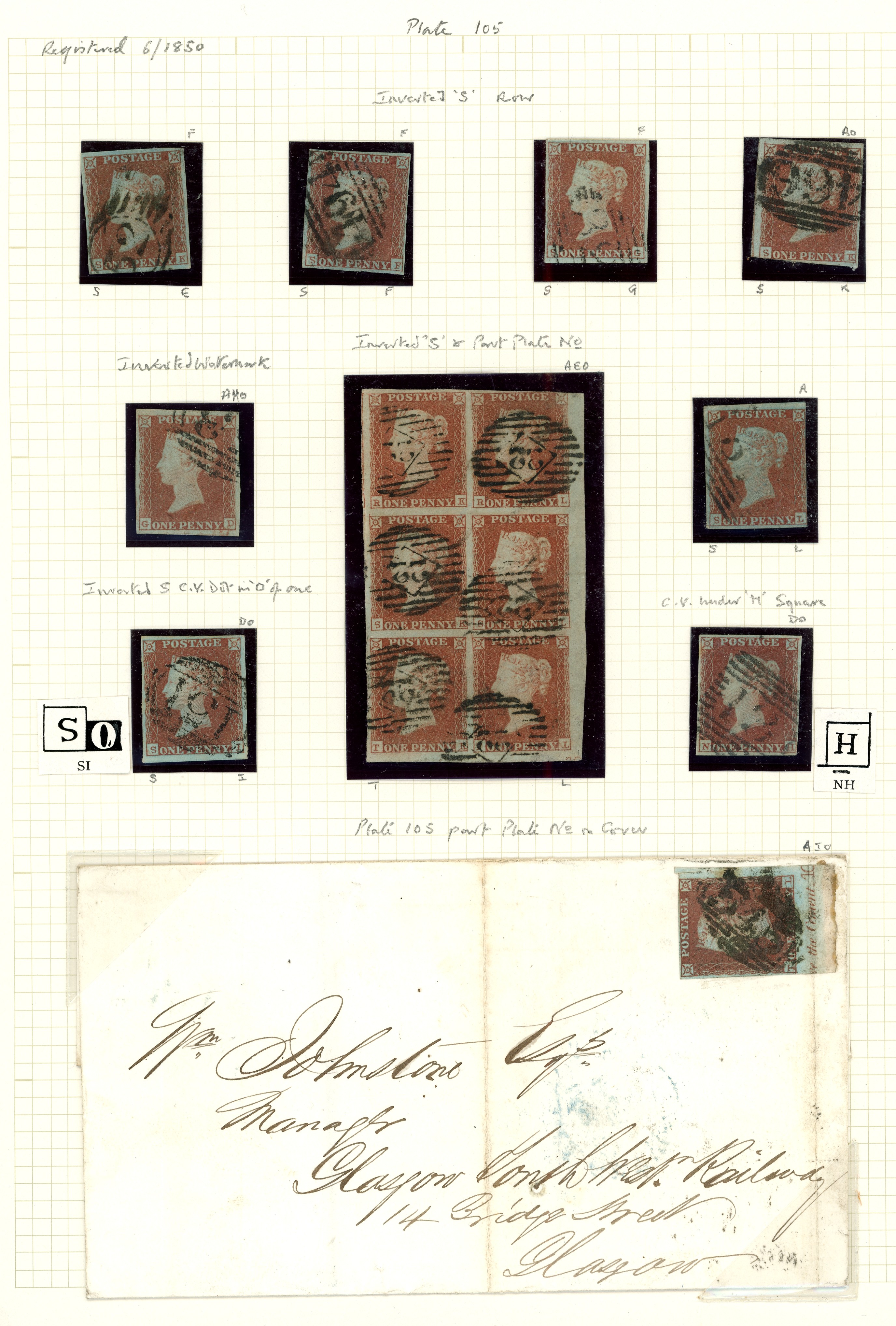 1841 1d Red-brown Pl.105. Group of pl.105...