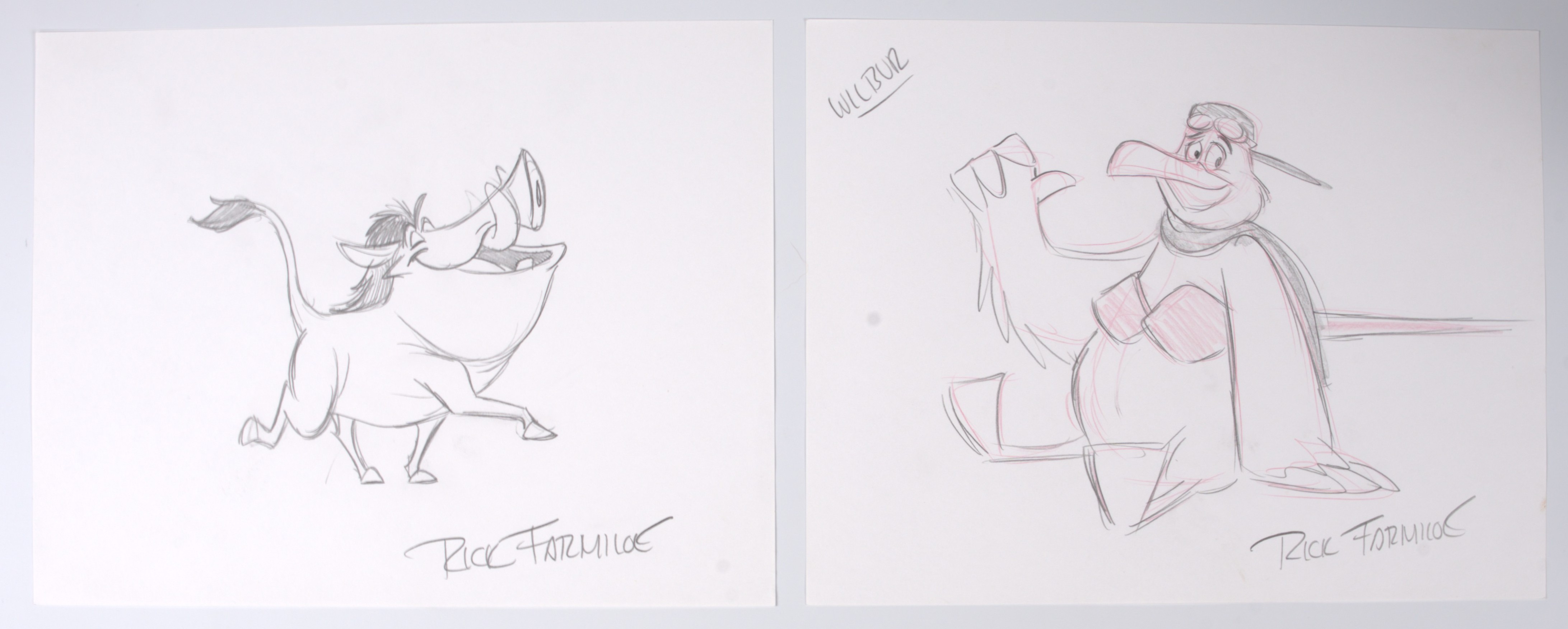 Rick Farmiloe Original Disney Sketches of Pumba and Wilber The Albatross Signed (Walt Disney, 1990s) Total 2