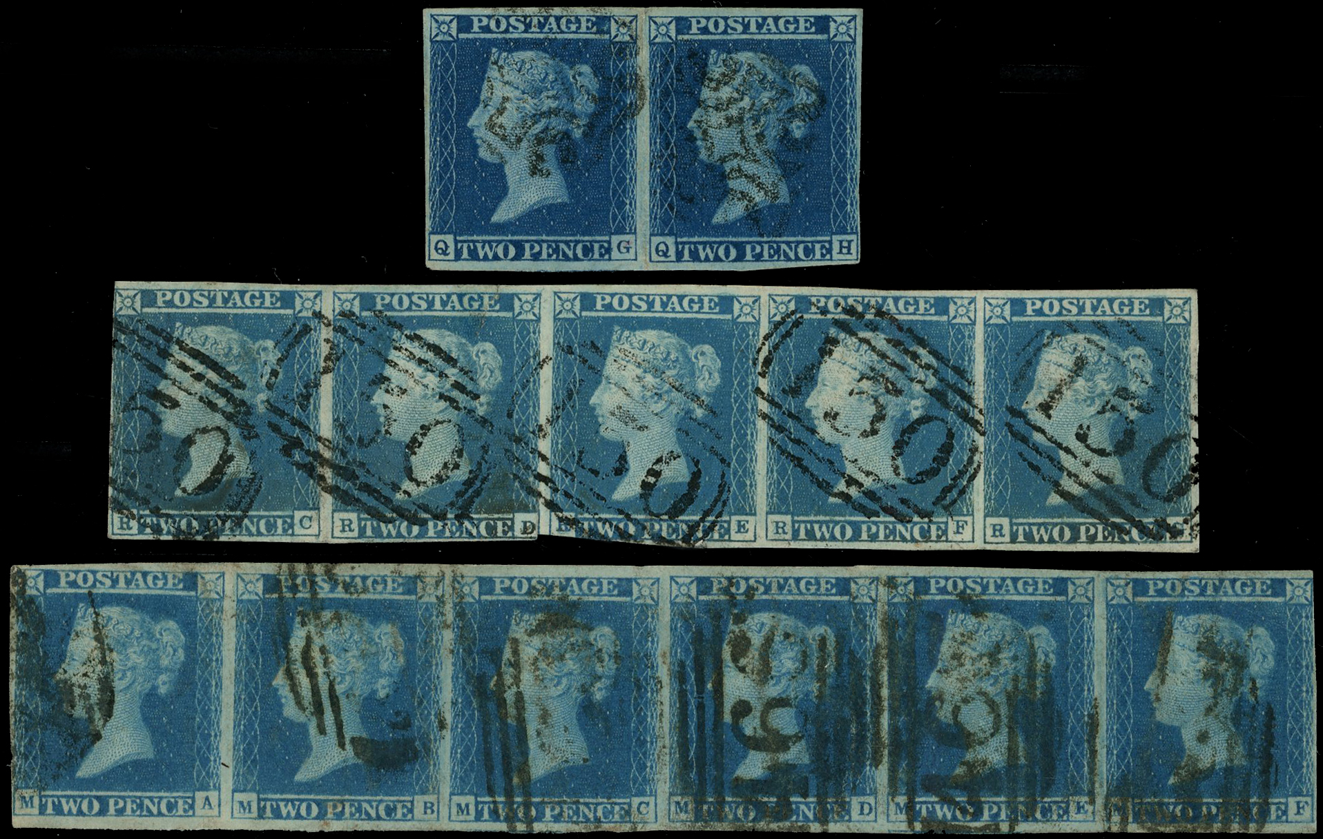 GB 1841-51 2d blue, plate 3, used selection 