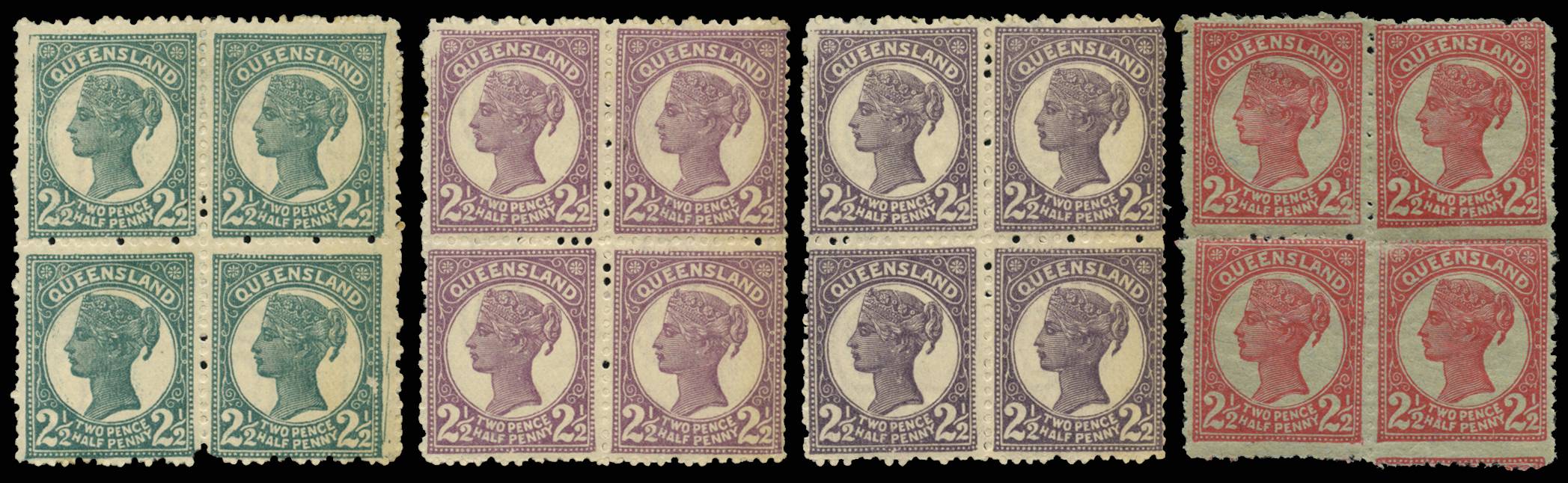 QUEENSLAND SG 213/14 1895-96 2½d T17 col trial B4 x4 lpog
