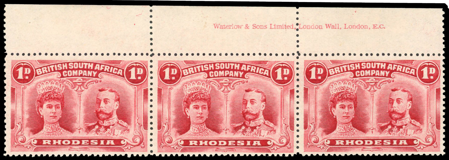 Rhodesia 1910-13 1d carmine-red perf 14 imprint strip of 3