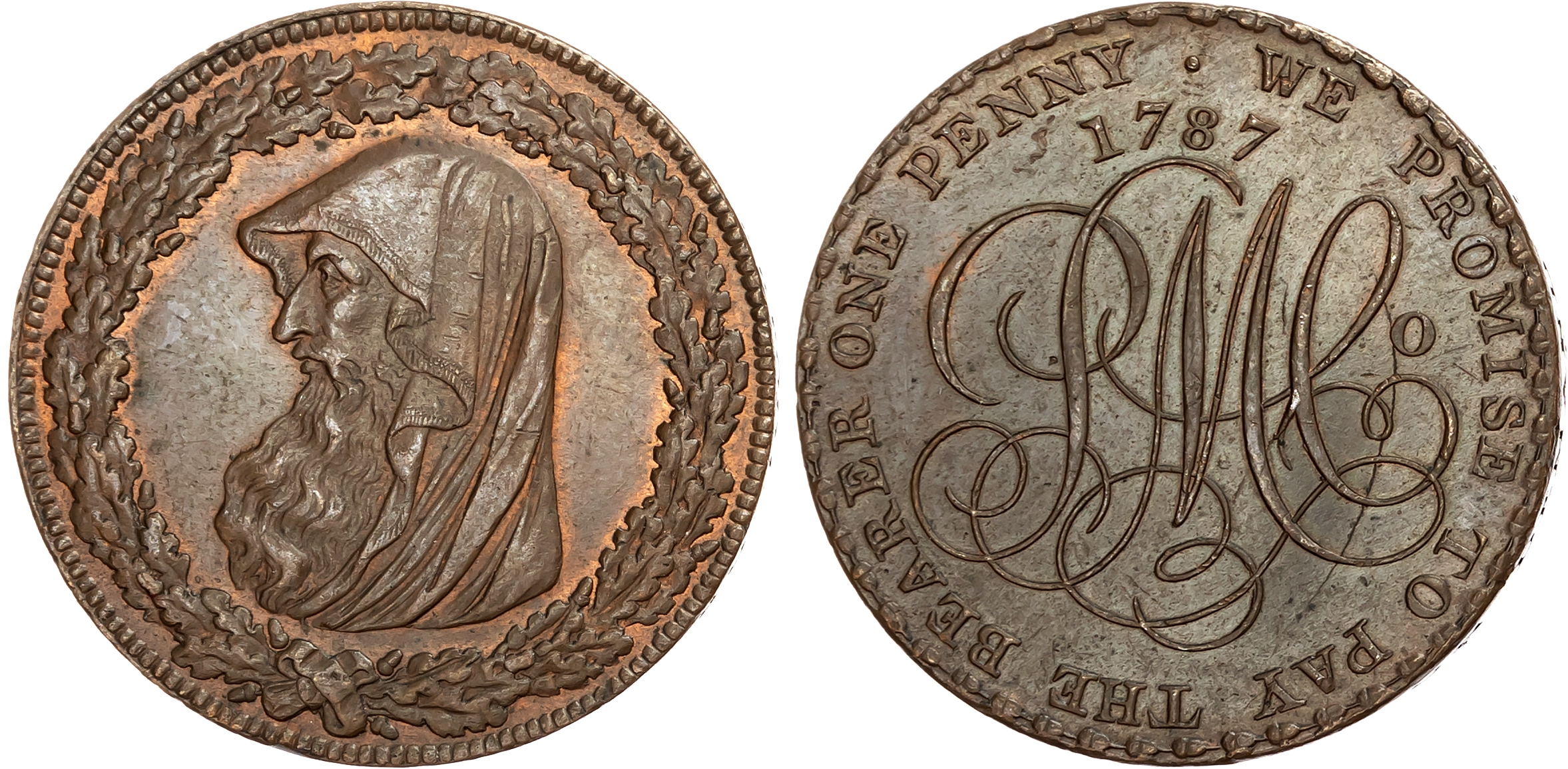 Anglesey . Amlwch, Parys Mining Co. (Thomas Williams) Penny 1787, Cowled druid’s head within a thick oaken wreath with 4 …