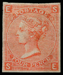 Great Britain 1865 4d Dull vermilion Pl.8. Very fine unused o.g. imperforate plate proof lettered SE, printed on u…
