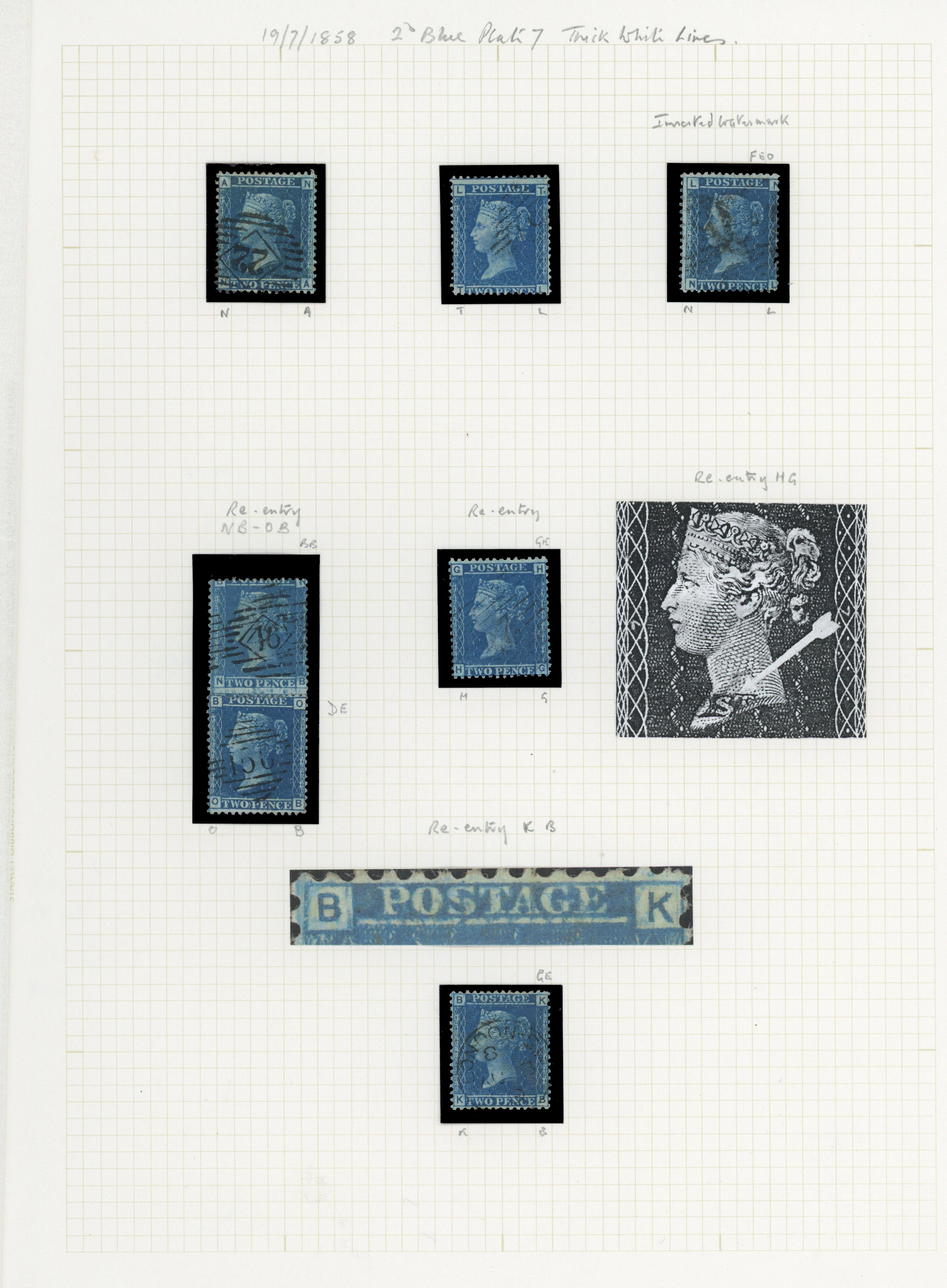 1858 2d Blue Pl.7 (SG45, Thick line, Wmk. Large Crown, Perf 14). A fine group of seven used