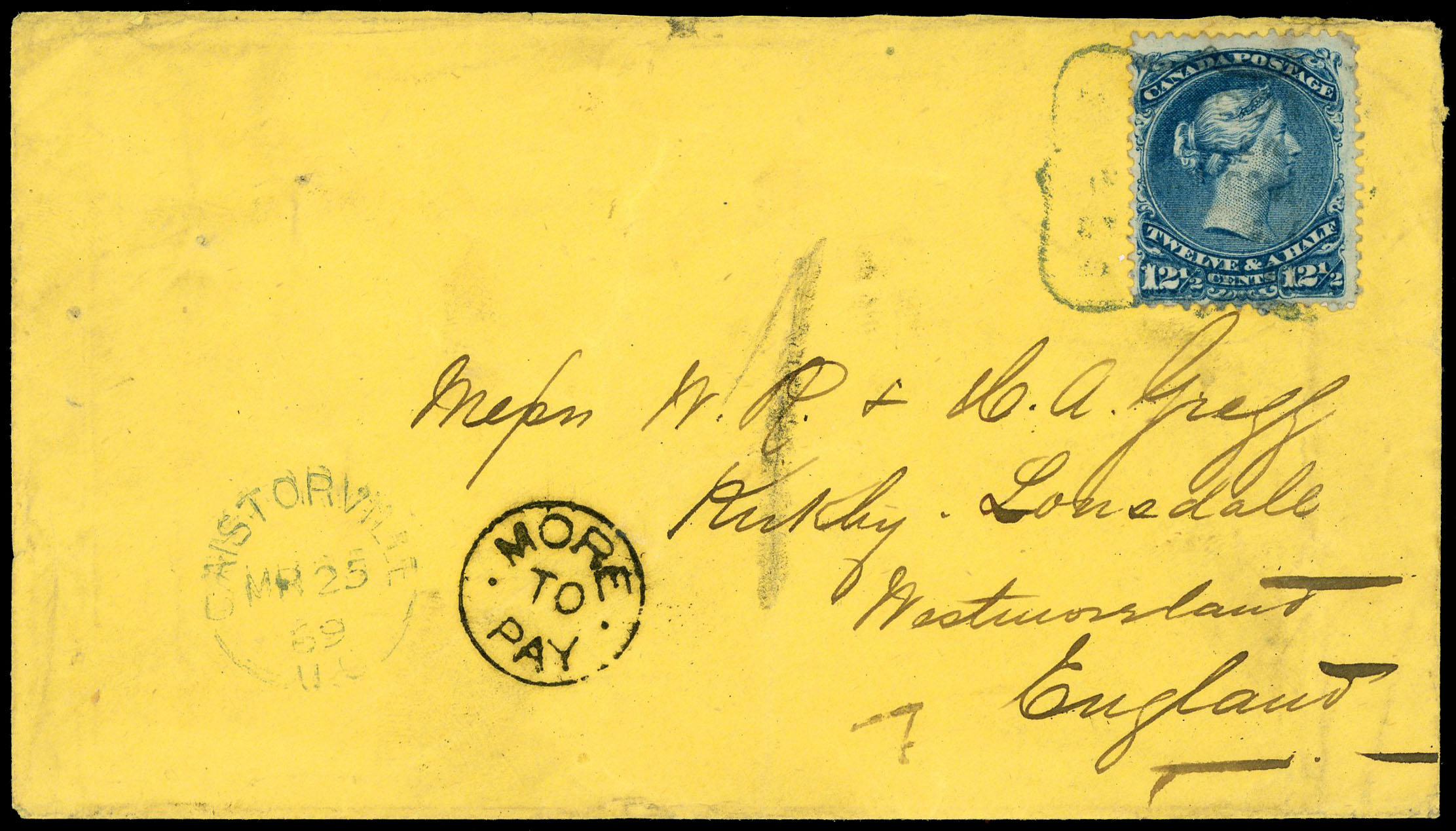 Canada 1869 SG51 Cover from Castorville to England underpaid at 12½c