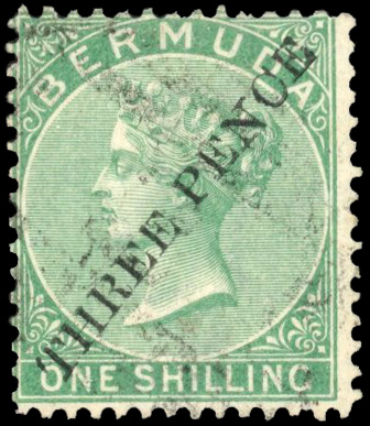 Bermuda SG 14 1874 3d on 1s green Type 7 surcharge used