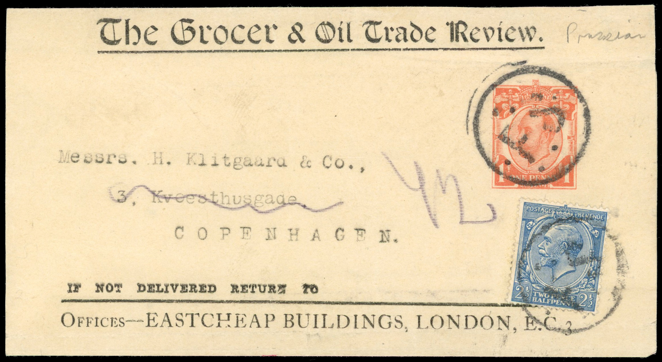 GB 1912-24 Royal Cypher 2½d pale dull Prussian blue tied to large part 1d scarlet ‘Downey Head’ postal stationery wrapper