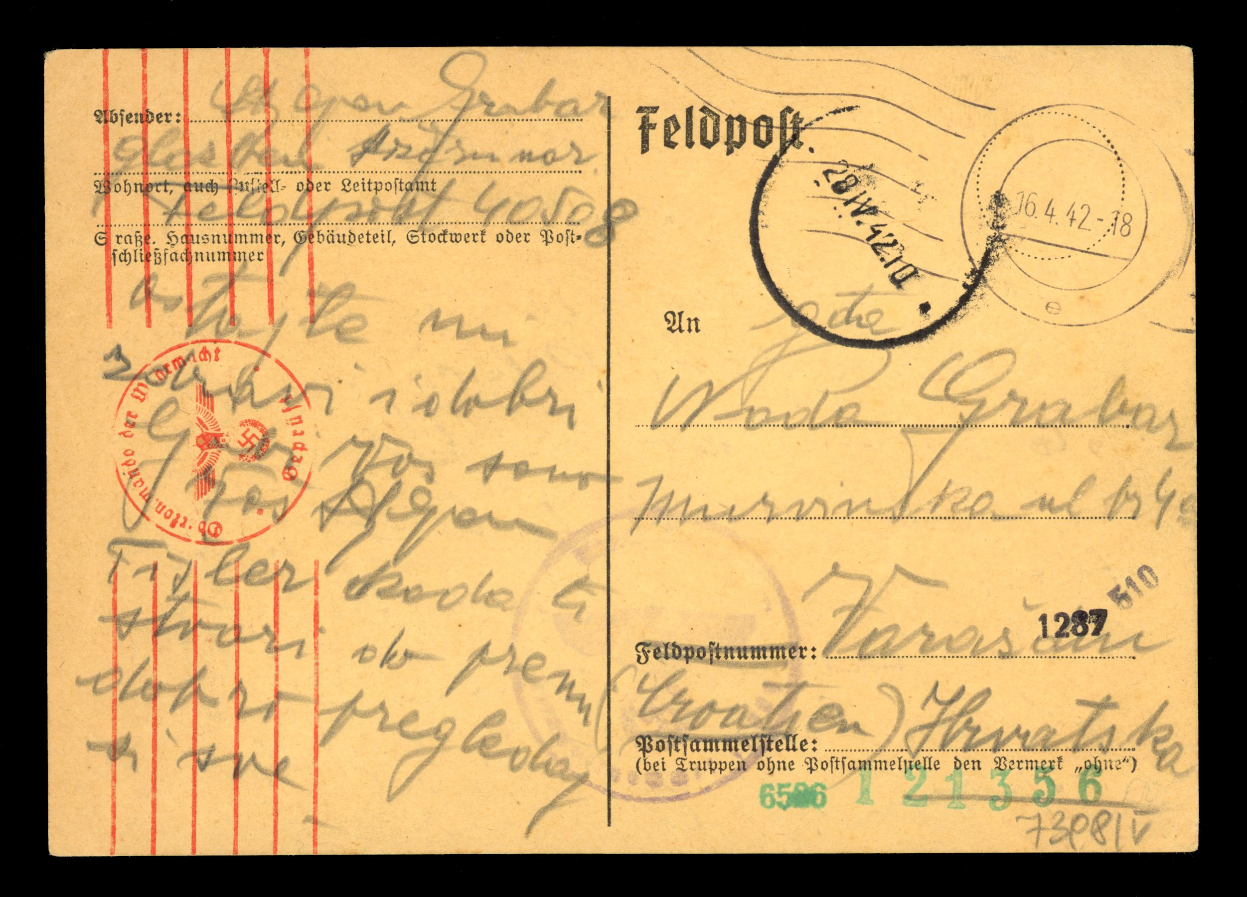 Croatia 1942 German Feldpost Russian Legion card to Varazdin