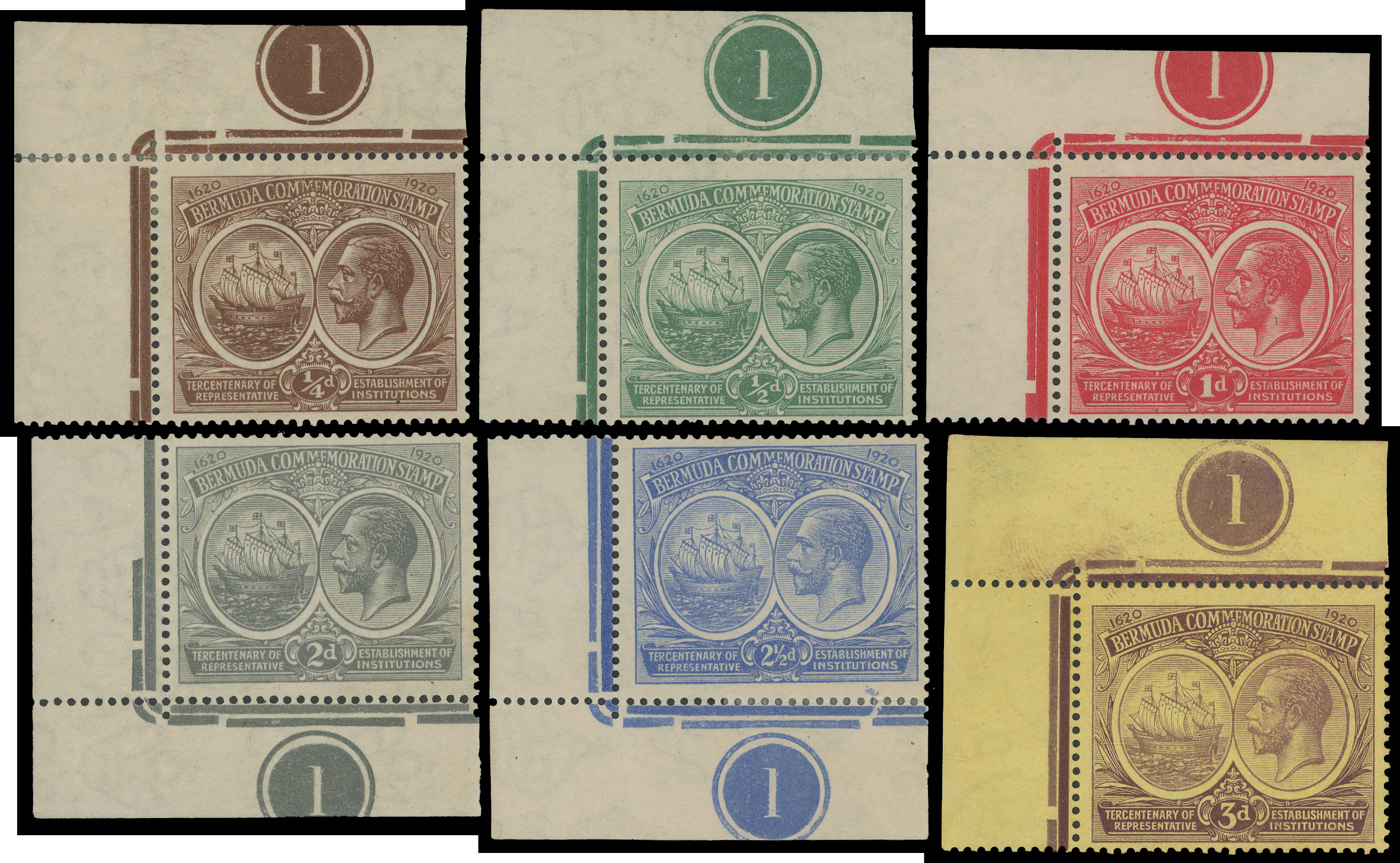 Bermuda 1920-21 Tercentenary set of plate number singles