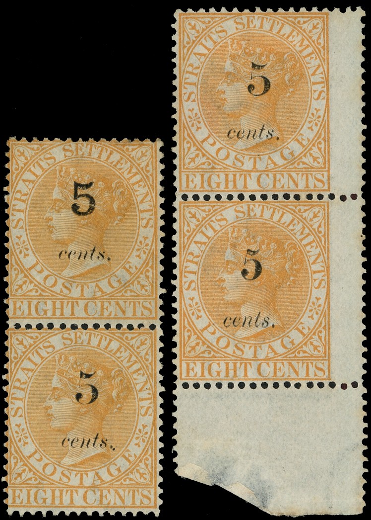 1880 '5 cents' on 8c orange. Two vertical o.g. pairs showing the different Types of surcharge. Types 13 and 14 (i.e....