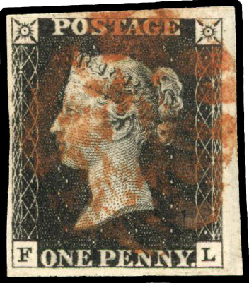 GB: 1840 1d black, Plate 6 (FL) four margins, large margin at right, red MC SG 2 