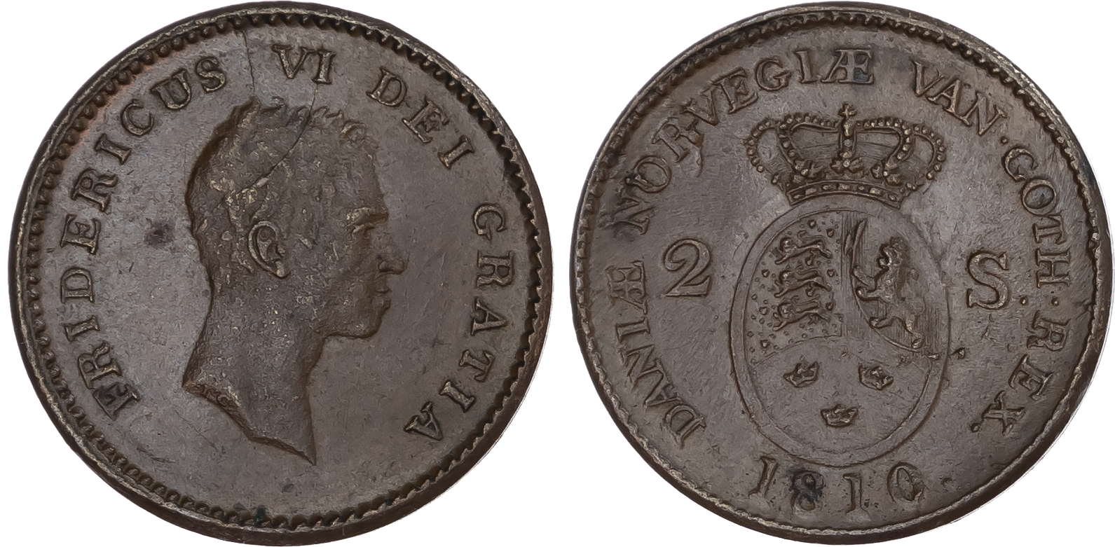 Denmark. Frederic VI CU 2 Skilling. 1810.