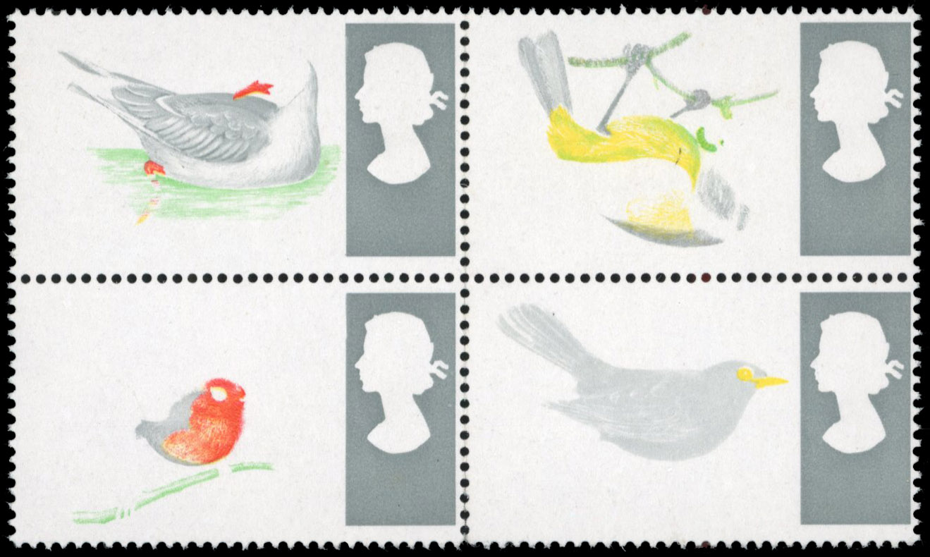 Great Britain 1966 Birds 4d error Black, blue, bistre and reddish brown omitted block of 4 u/m