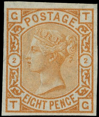 1876 8d Orange Pl.2. Very fine unused o.g. imperforate imprimatur lettered TG. Scarce one of only 24 possible examples i…