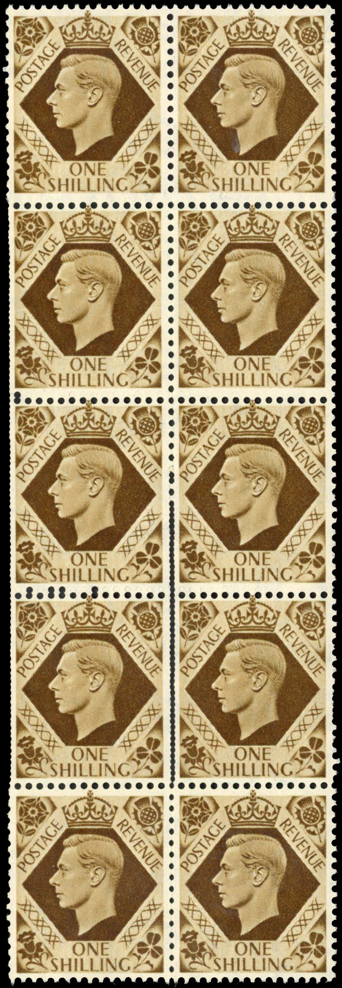 1939 1s Bistre-brown perforation variety block mint (SG475var)