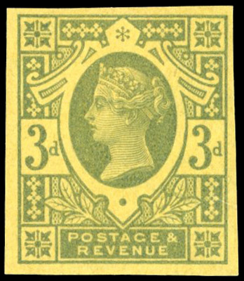 GB 1887-92 3d imperf colour trial in green on yellow, Crown wmkd paper, For SG 202