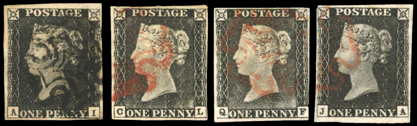1840 1d Black Pl.1a. Used group of four examples