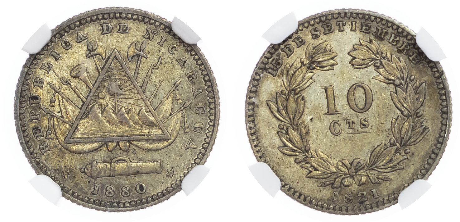 Nicaragua, Republic AR 10 Centavos. Heaton (Birmingham) mint, 1880H. 