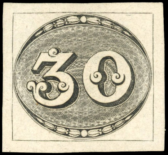 Brazil Bull's Eye 1843 30r Intermediate Impression unused