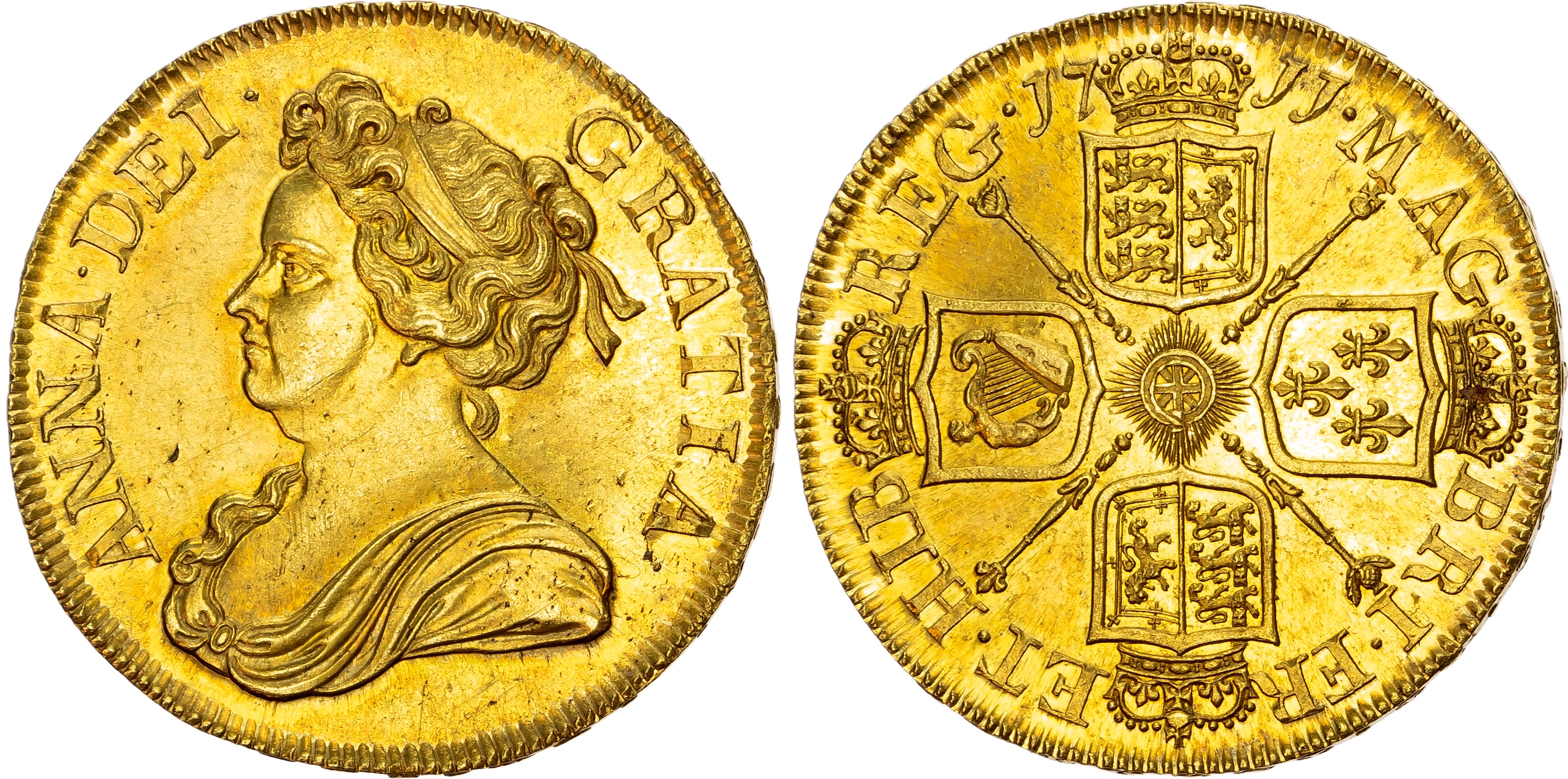 Anne (1702-1714), Post-Union, Five-Guineas, 1711, DECIMO, diademed and draped bust left, rev. crowned broader shields cr…