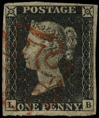 1840 1d black, Plate 2, (LB), four clear...