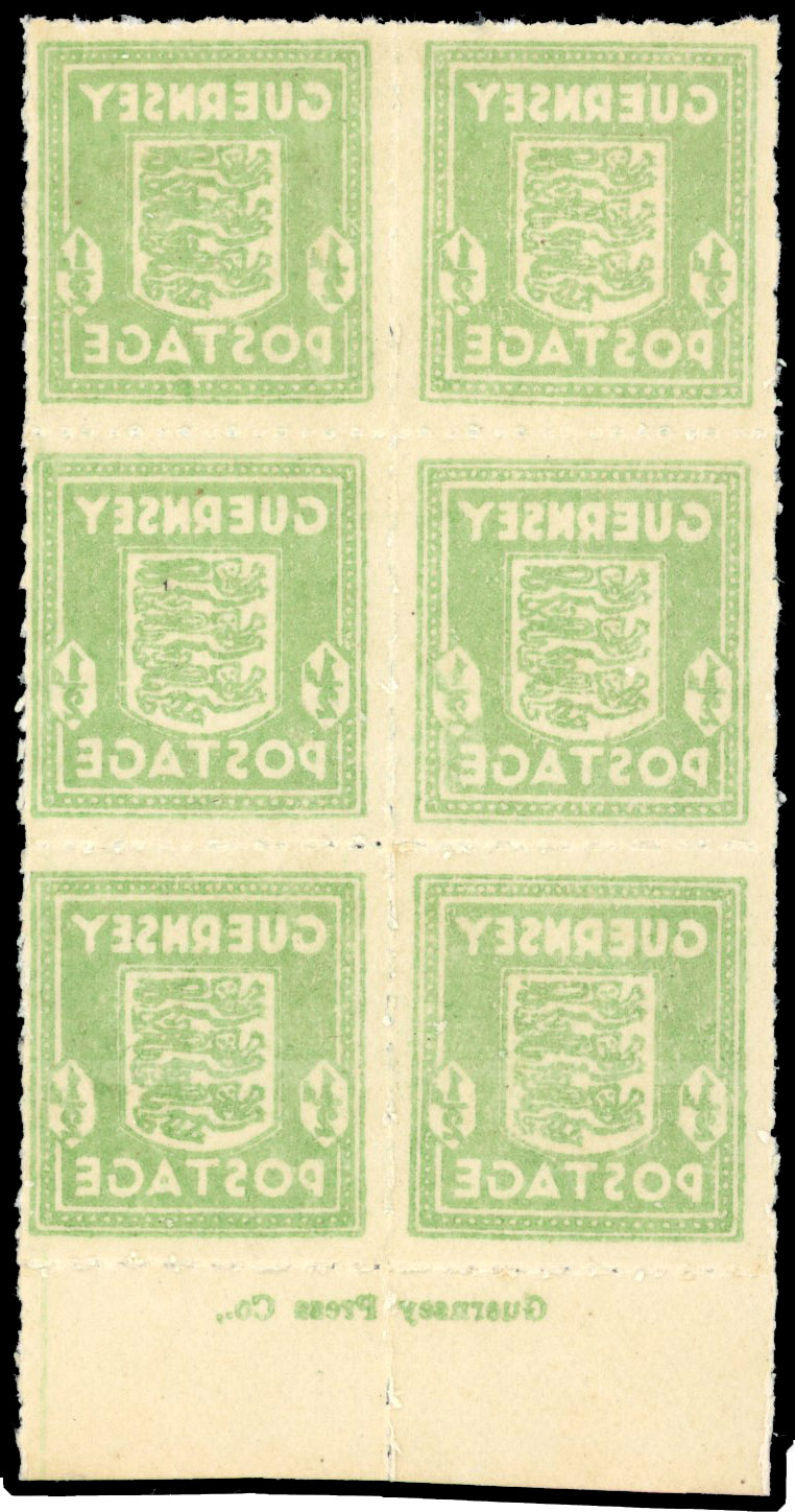1944 ½d Pale yellow-green, Guernsey ‘Arms’ issue. Block 6 complete offset
