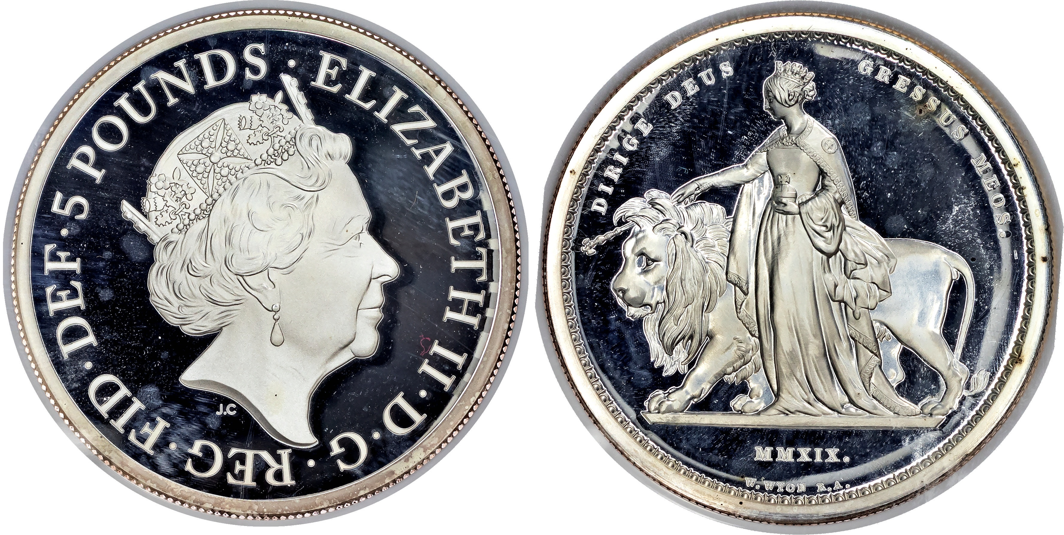 Elizabeth II (1952-2022), AR Five Pounds, 2019, Great Engravers I: Una and the Lion. NGC PF 66 ULTRA CAMEO