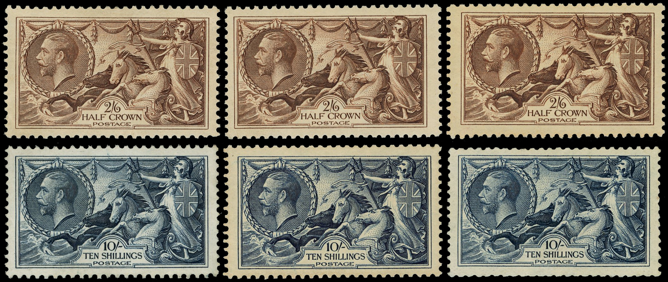 GB: 1934 re-engraved Seahorses 2s6d chocolate-brown and 10s indigo, 3 examples of each, good to fine o.g.