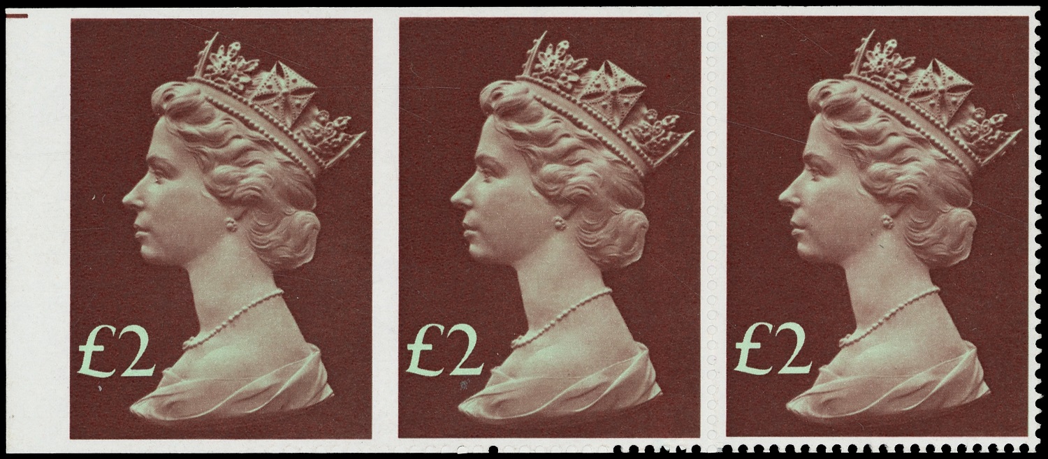 Great Britain 1977-87 £2 light-emerald and purple-brown, left marginal strip of three, partly perforated