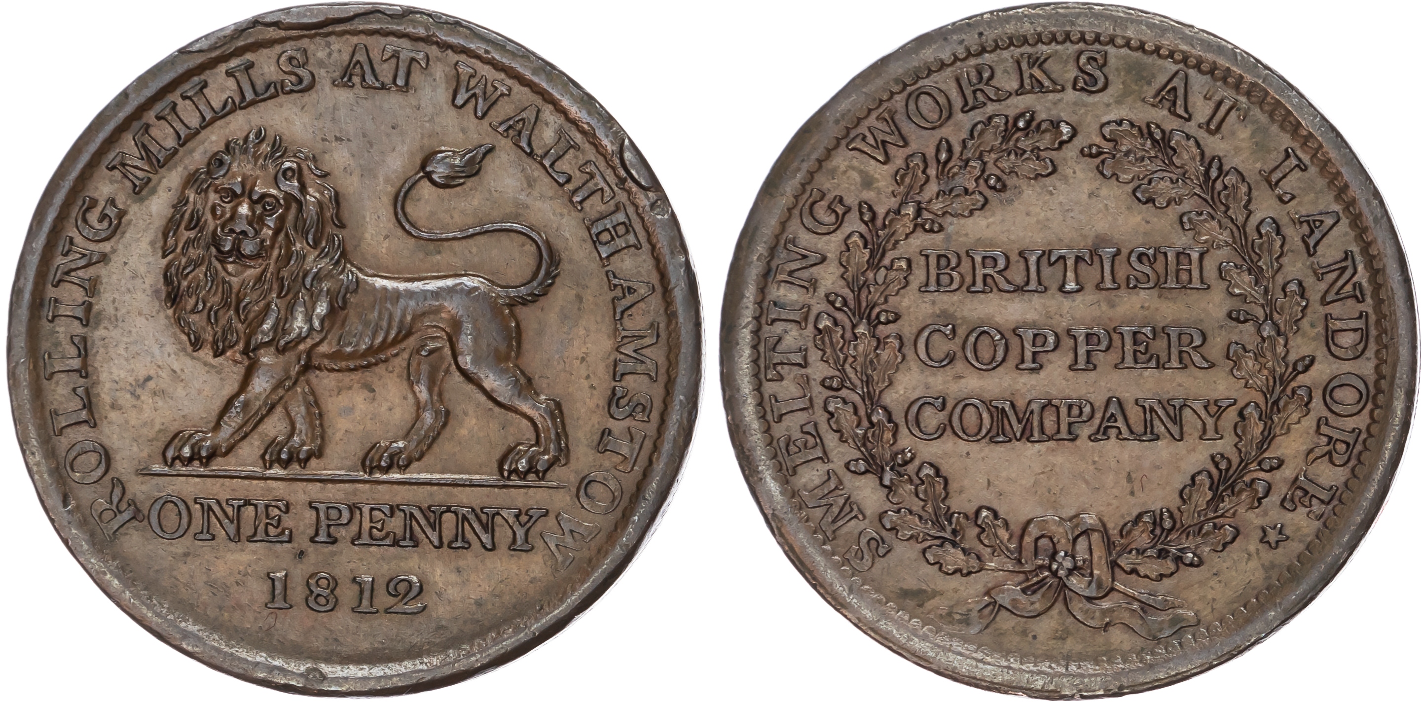 LANDORE, Glams. British Copper Co Penny 1812, Lion passant guardant, rev. BRITISH COPPER COMPANY in oaken wrea…