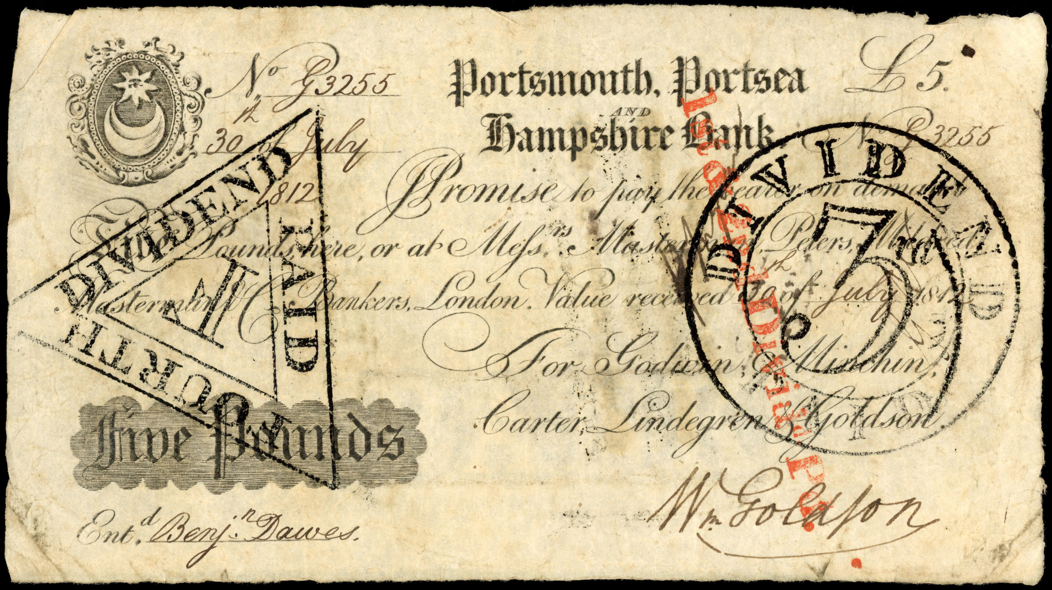 PORTSMOUTH, Portsmouth, Portsea & Hampshire Bank, for Godwin, Minchin, Carter, Lindegreen & Goldson, £5.,30 Ju…
