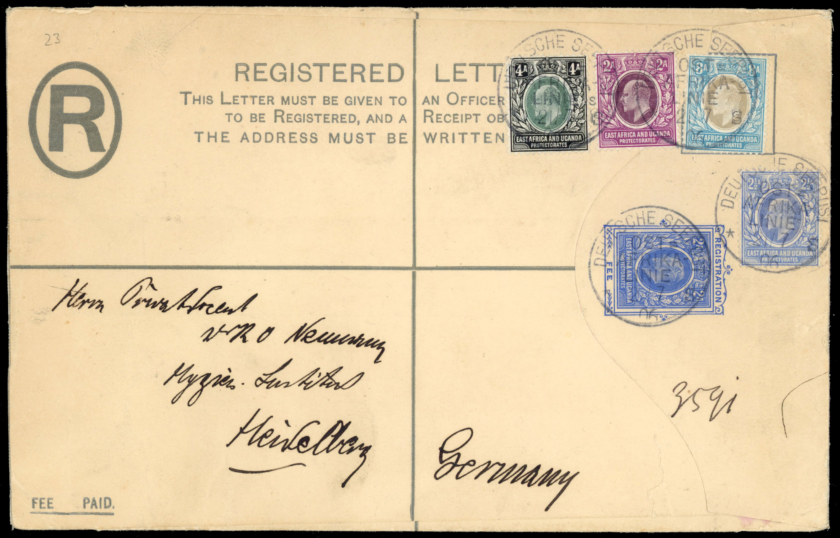 British East Africa 1906 2a registered stationery envelope uprated Deutsche Seepost
