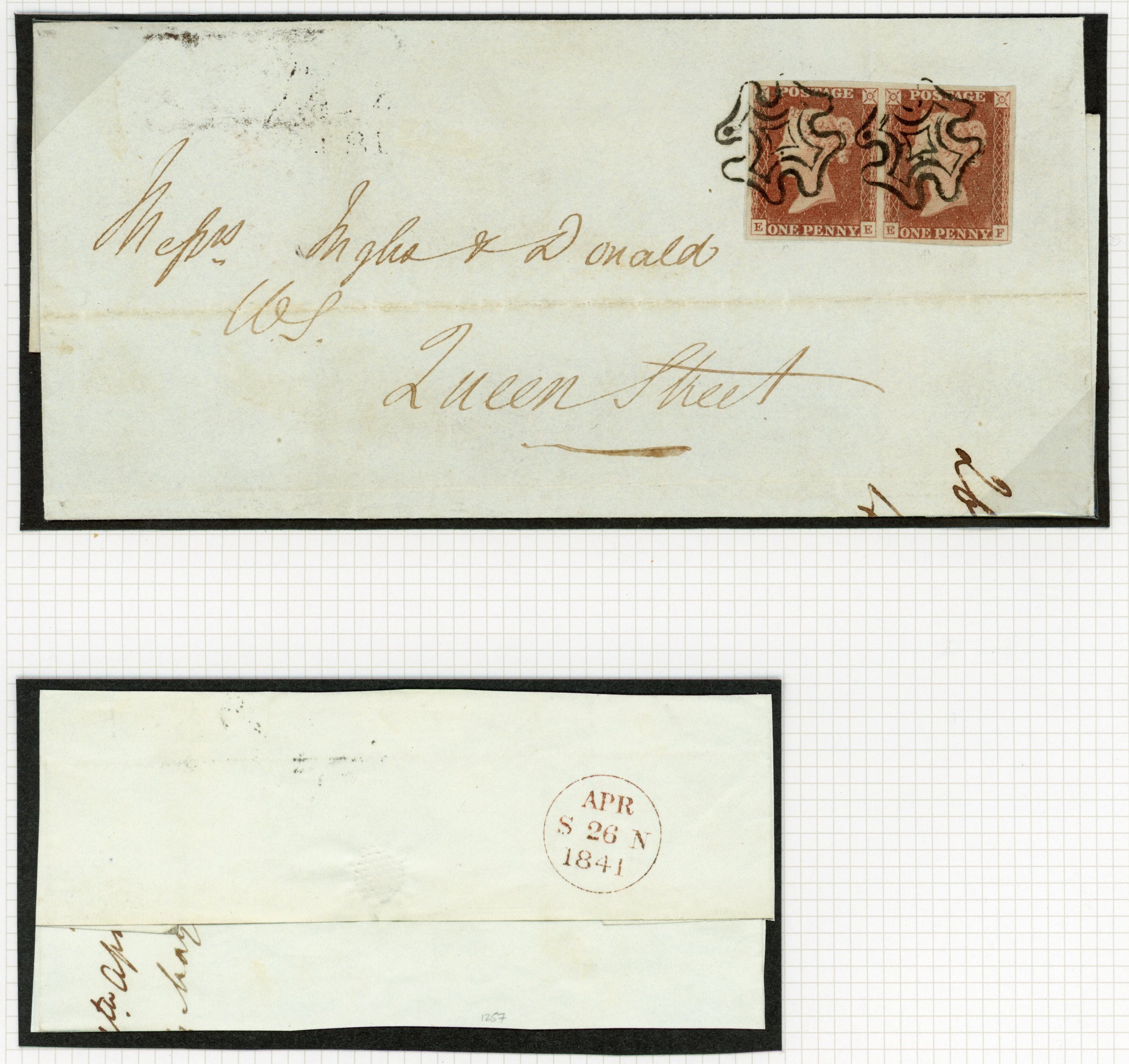 GB 1841 1d red-brown Plate 2 pair on cover, distinctive Edinburgh Maltese cross