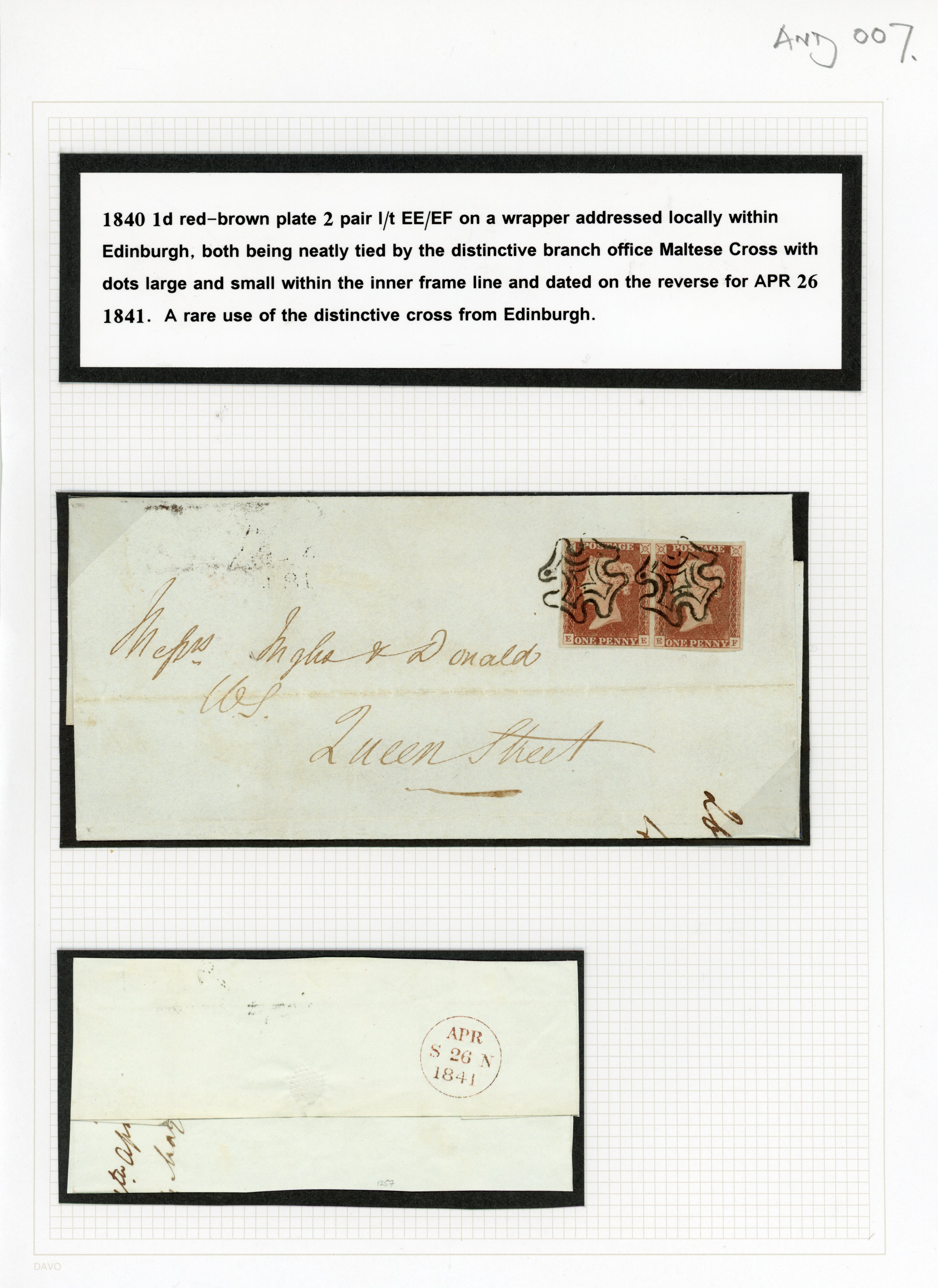 GB 1841 1d red-brown Plate 2 pair on cover, distinctive Edinburgh Maltese cross