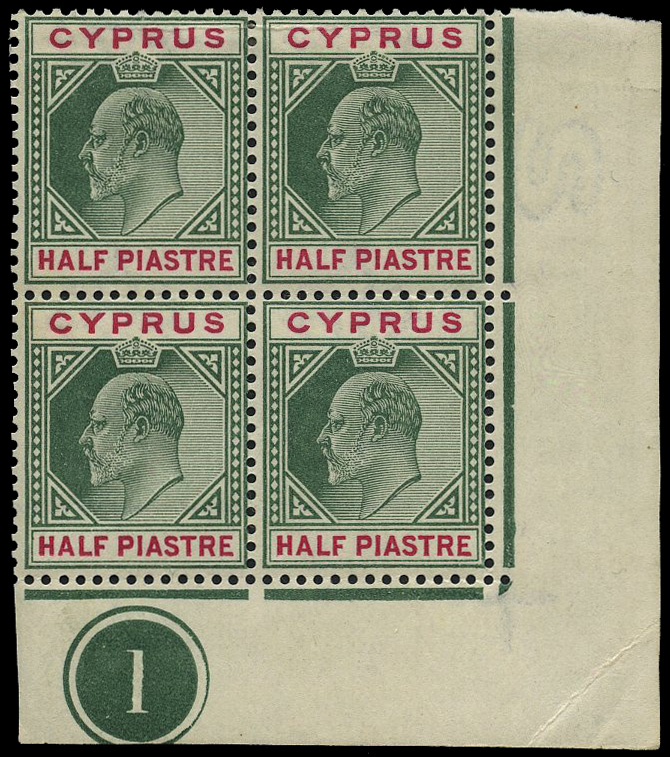 1902 ½pi green and carmine keyplate 1 block...
