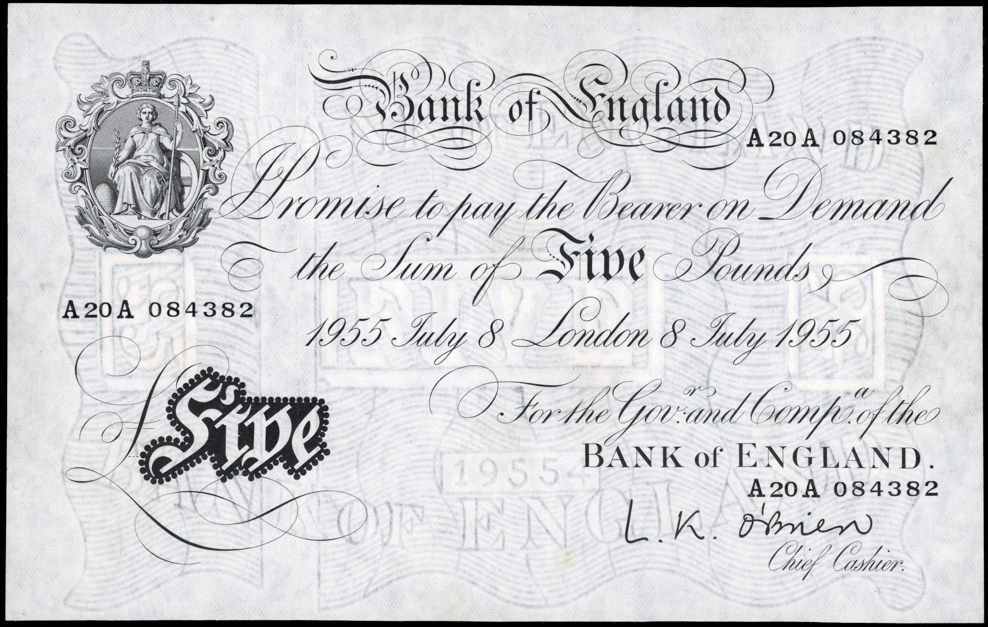 Bank of England, L K O’Brien, White Five Pounds, London, 8 Jul. 1955, A20A 084382, (Dugg. B276). About Extreme…