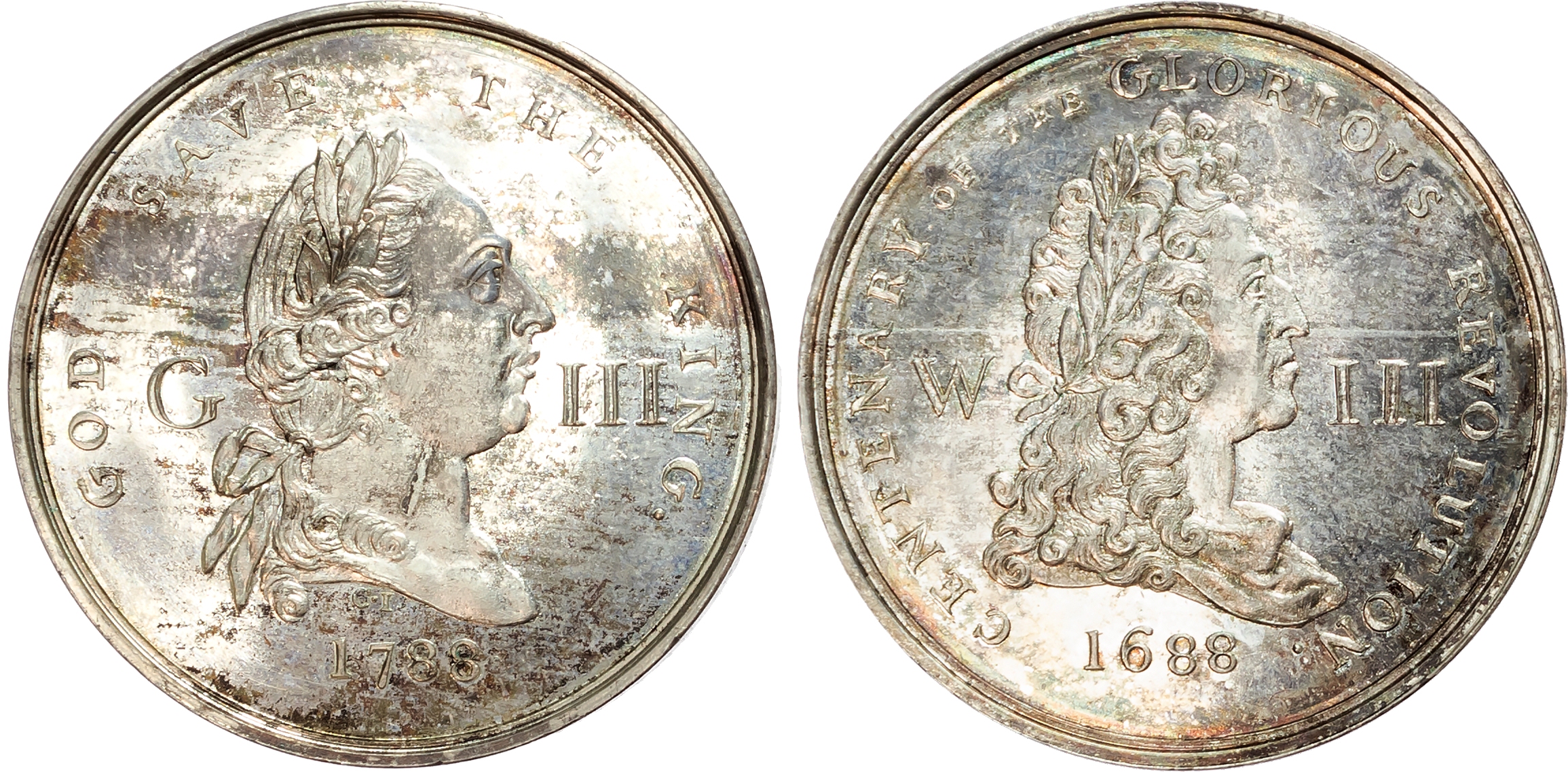 London , Political Series, Glorious Revolution Centenary silver Penny 1788, Bust of George III right, rev. Bust of Will …