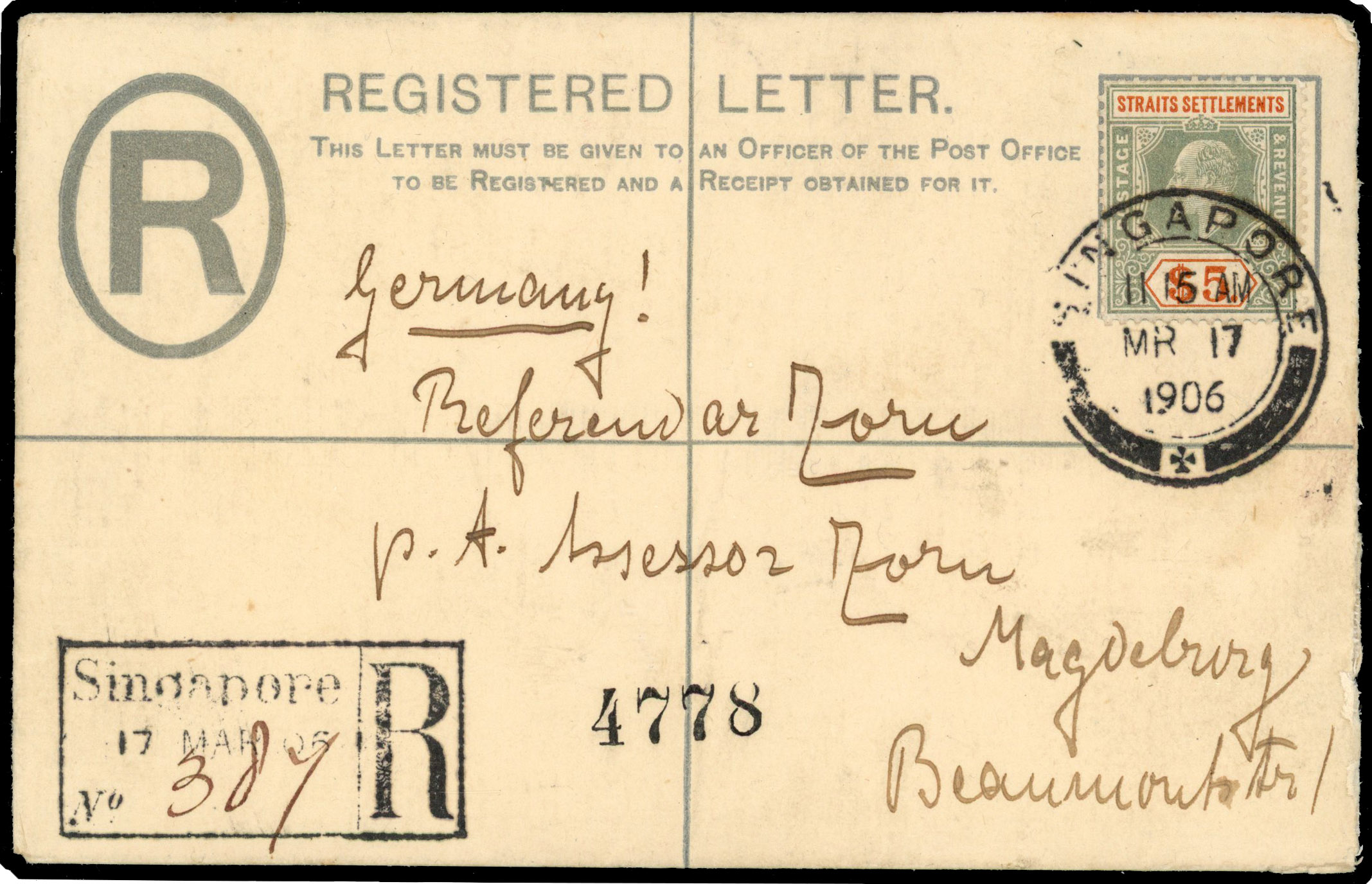 Straits Settlements 1906 registered p/s envelope to Germany uprated with 1904-10 $5