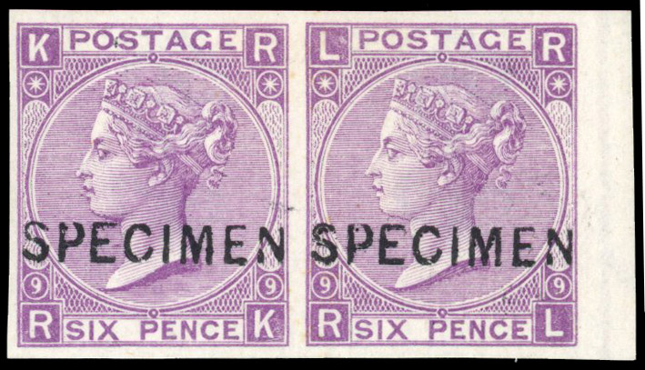 1867-80, wmk Spray of Rose, 6d mauve, plate 9 (RK-RL), marginal imperforate horizontal pair, overprinted ‘SPECIMEN (Type 6)