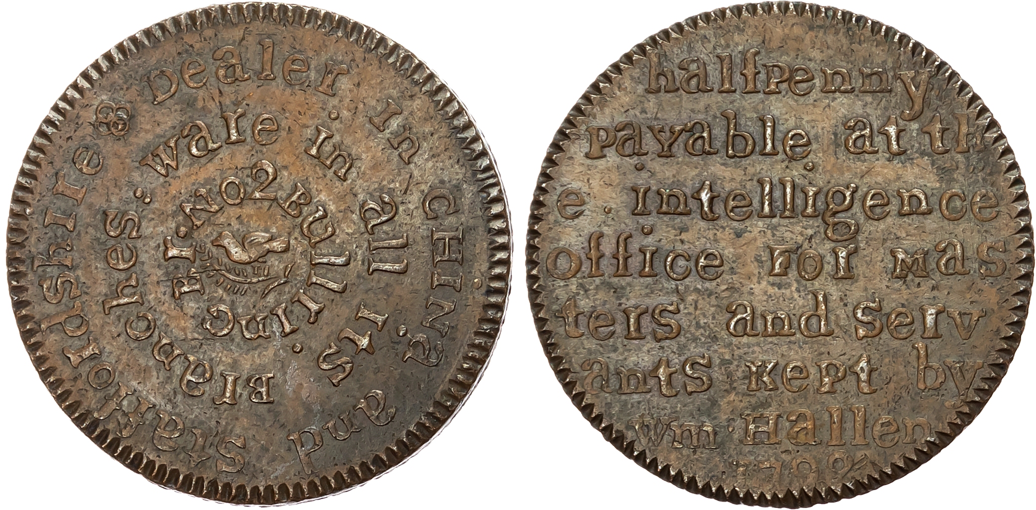 Warks. Birmingham , William Hallan (china dealer and servant finder) Halfpenny 1792, Circular legend with bird in middle …