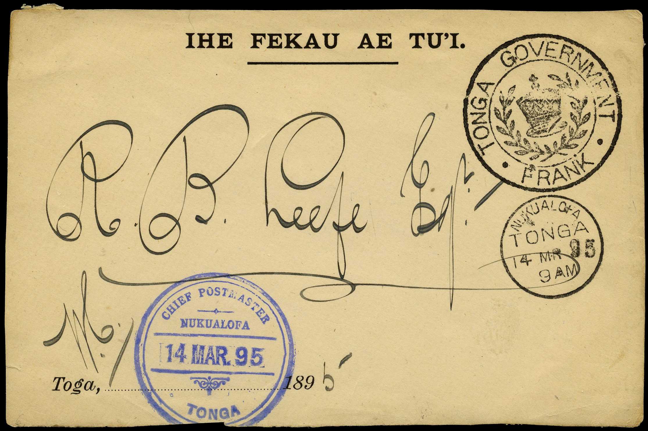 1895 'IHE FEKAU AE TU'I’ envelope (142 x...